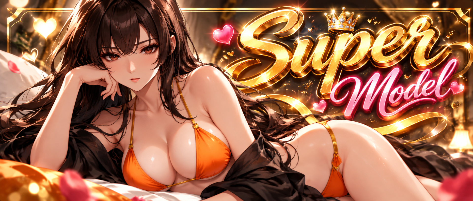 Super Model reclining in gold light, with the name in script