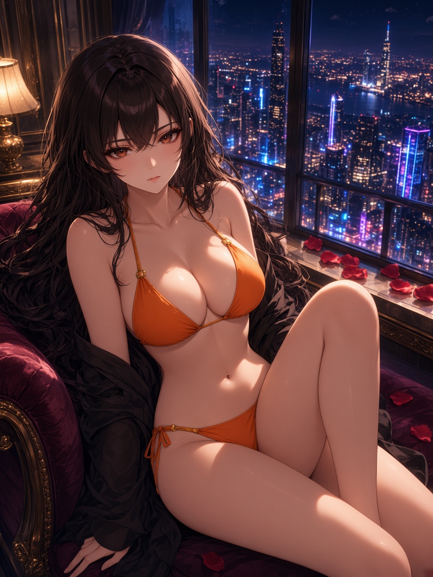 Super Model seated by a neon city window